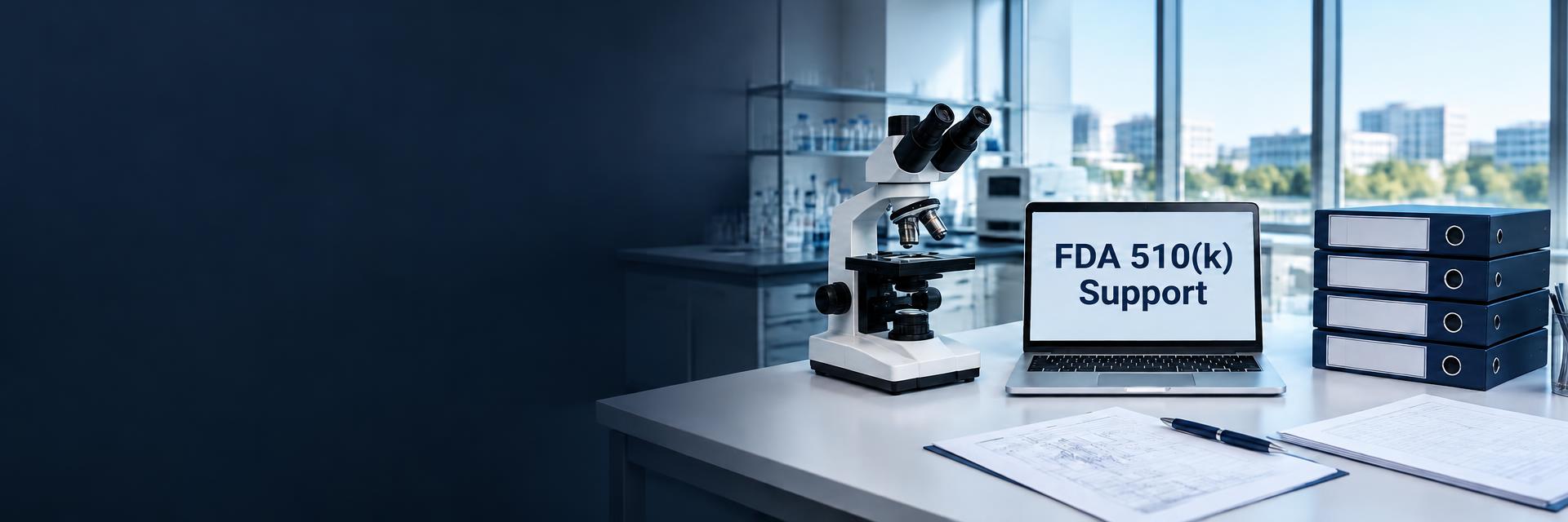 Microscope, laptop and technical documentation in a laboratory