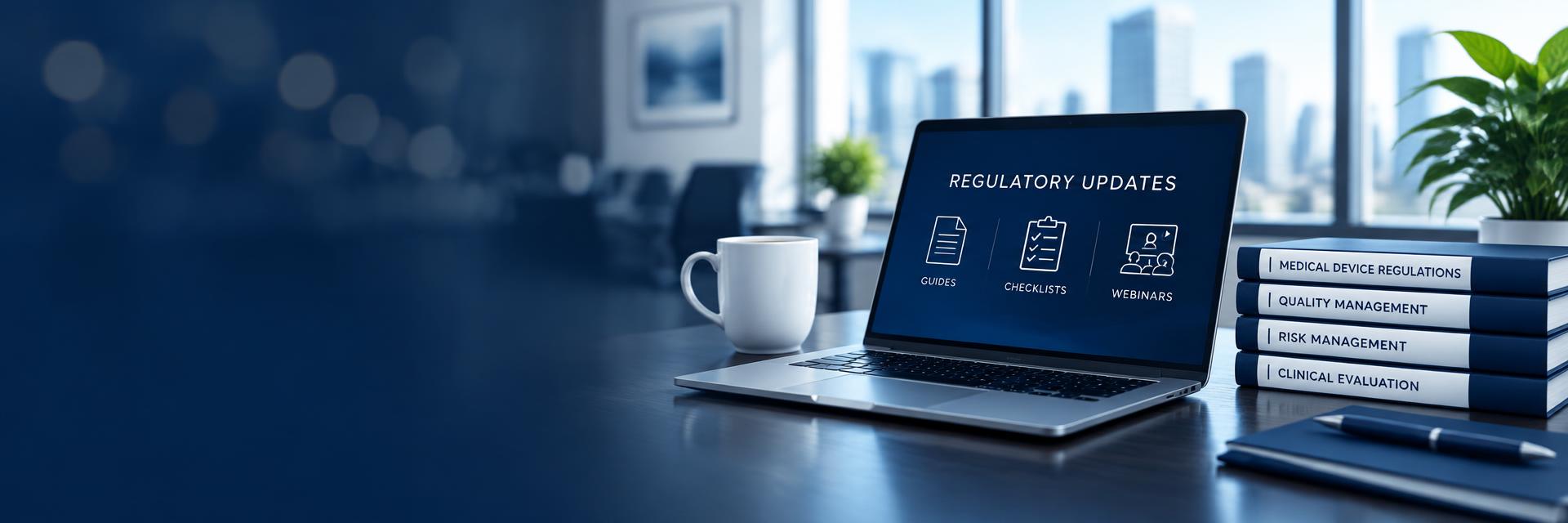 Laptop showing regulatory updates beside a stack of medical device regulation books